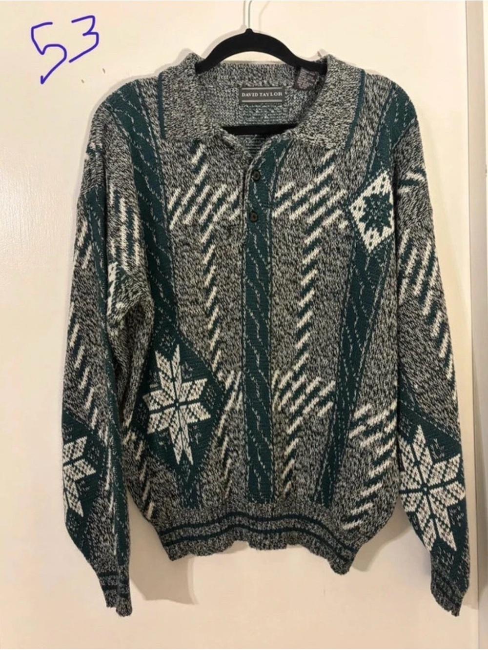 David Taylor Teal and Gray Patterned Zip-Up Knit Sweater